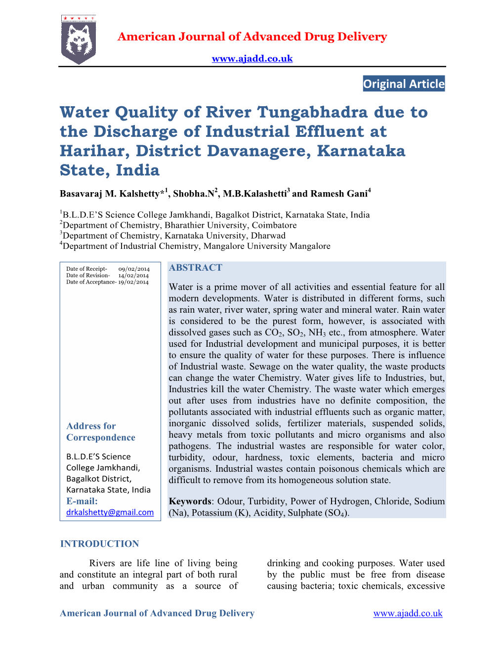 Water Quality of River Tungabhadra Due to the Discharge of Industrial Effluent at Harihar, District Davanagere, Karnataka State, India Basavaraj M