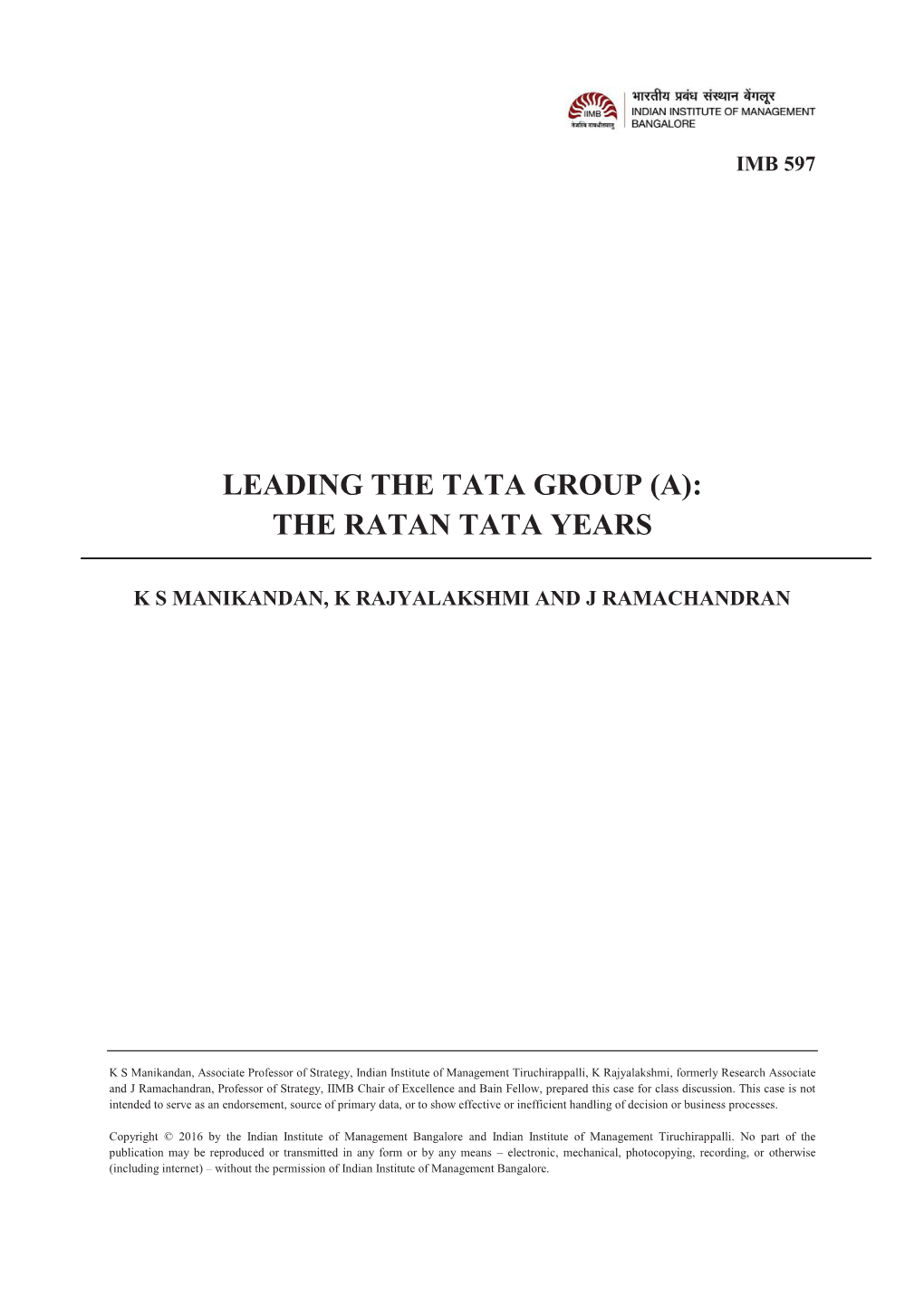 Leading the Tata Group (A): the Ratan Tata Years