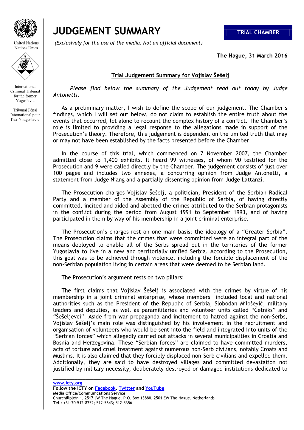 Trial Judgement Summary for Vojislav Šešelj