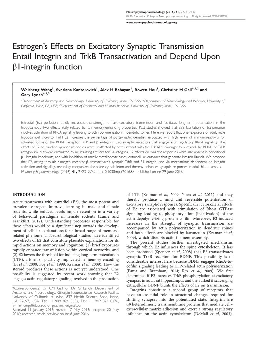 Estrogen's Effects of Excitatory Transmission Entail Integrin And