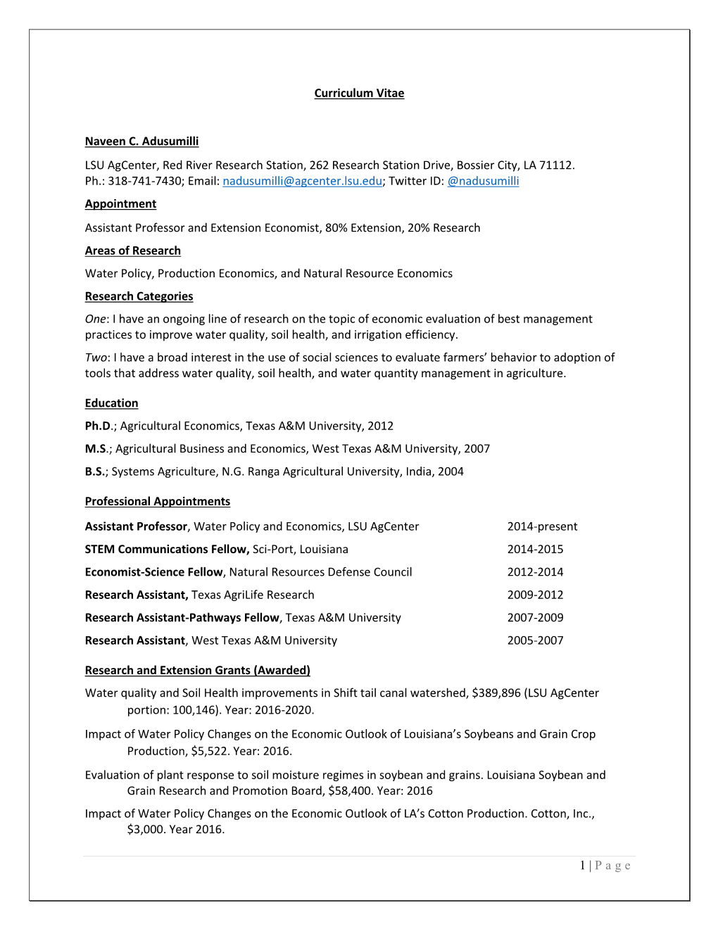 1 | Page Curriculum Vitae Naveen C. Adusumilli LSU Agcenter, Red