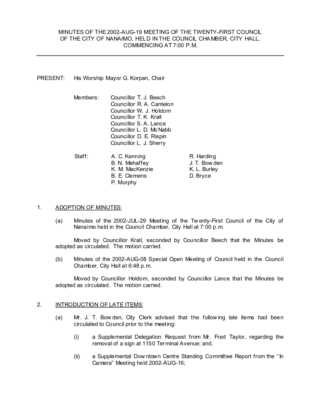 Council Minutes for Aug 19, 2002