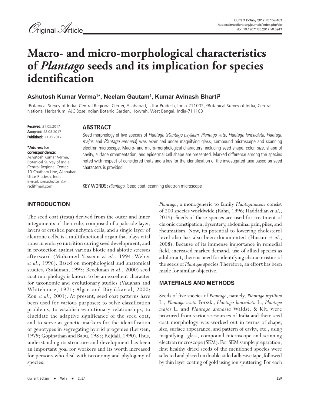 And Micro-Morphological Characteristics of Plantago Seeds and Its Implication for Species Identification