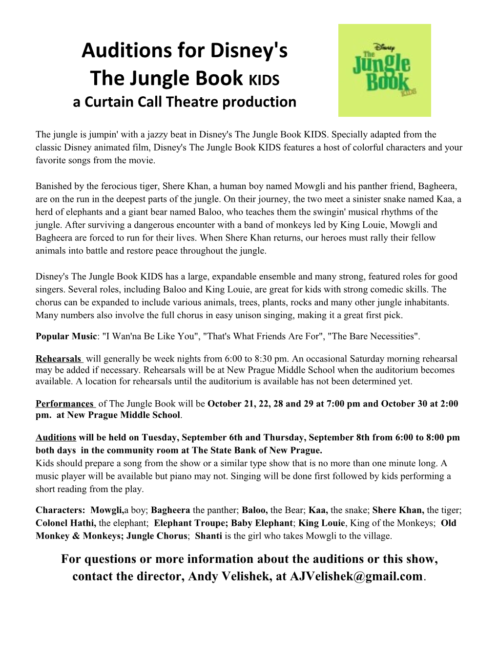 Auditions for Disney's the Jungle Book KIDS a Curtain Call Theatre Production