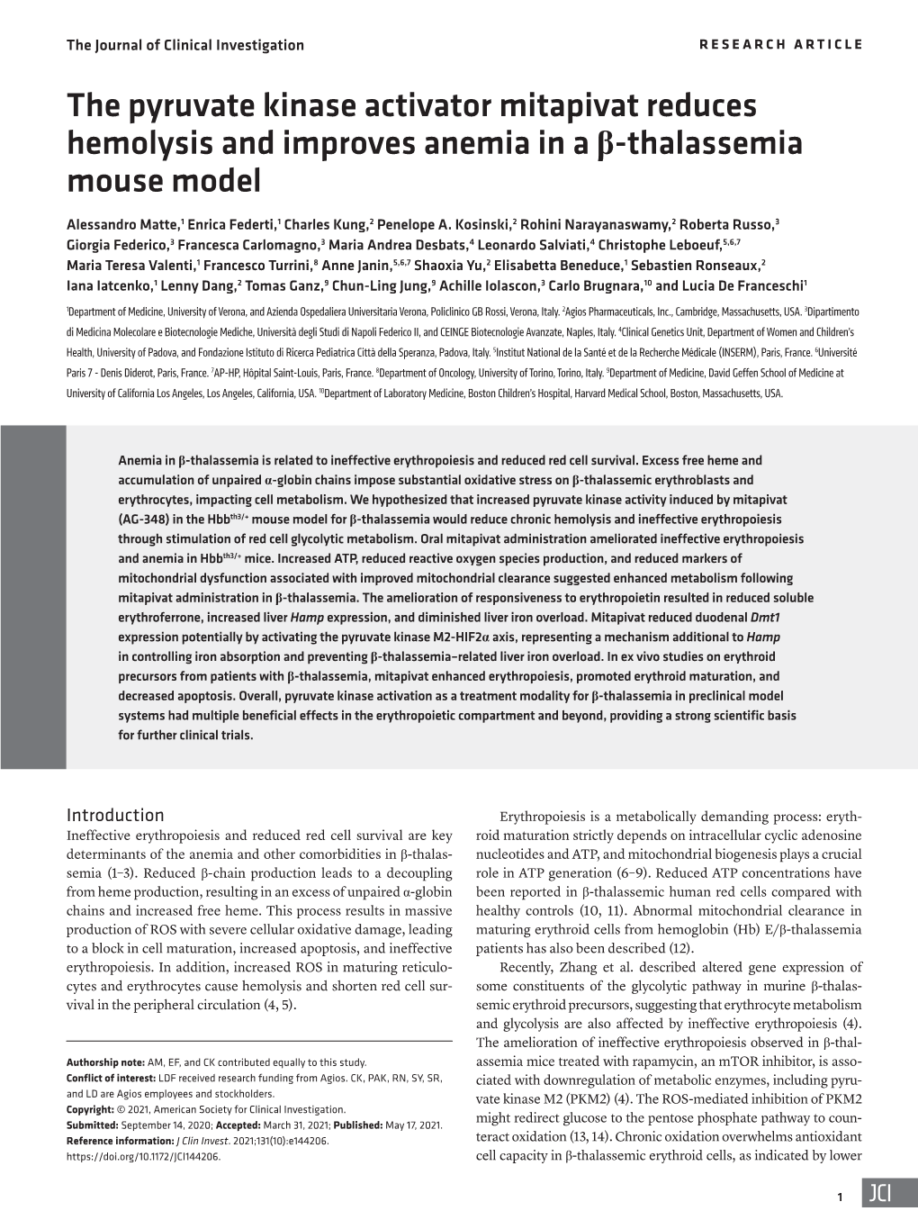 The Pyruvate Kinase Activator Mitapivat Reduces Hemolysis and Improves Anemia in a Β-Thalassemia Mouse Model