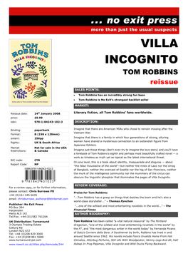 VILLA INCOGNITO TOM ROBBINS Reissue SALES POINTS