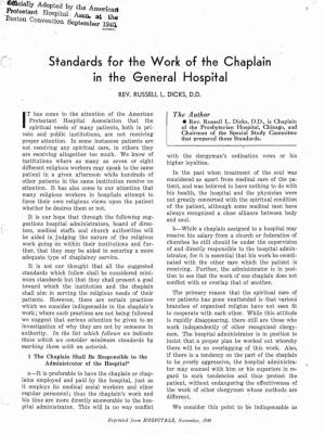 Standards for the Work Of. the .Chaplain in the General Hospital