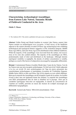 Characterizing Archaeological Assemblages from Eastern Lake Natron, Tanzania: Results of Fieldwork Conducted in the Area