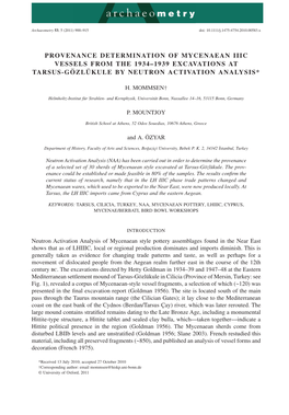 Provenance Determination of Mycenaean Iiic Vessels from The