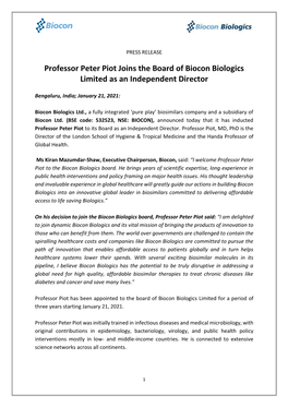 Professor Peter Piot Joins the Board of Biocon Biologics Limited As an Independent Director