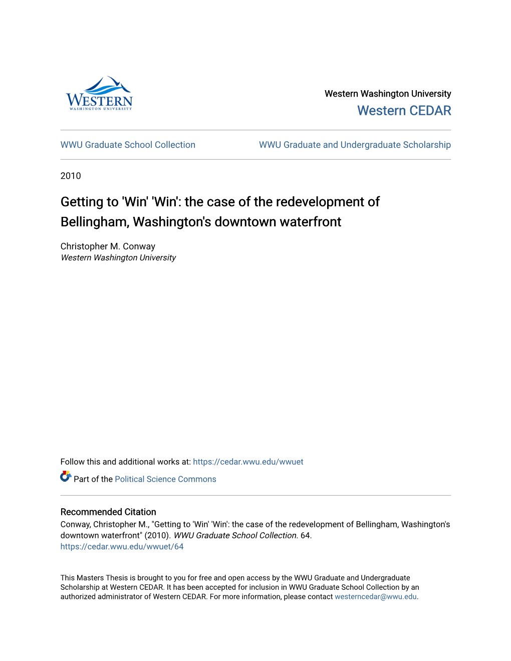 The Case of the Redevelopment of Bellingham, Washington's Downtown Waterfront