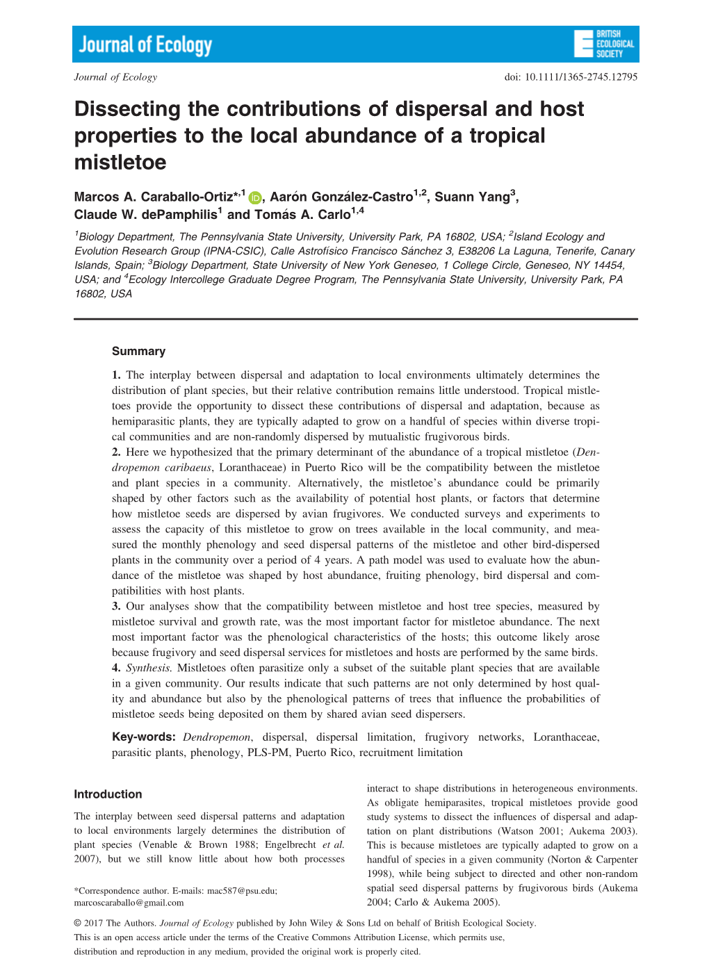 Dissecting the Contributions of Dispersal and Host Properties to the Local Abundance of a Tropical Mistletoe