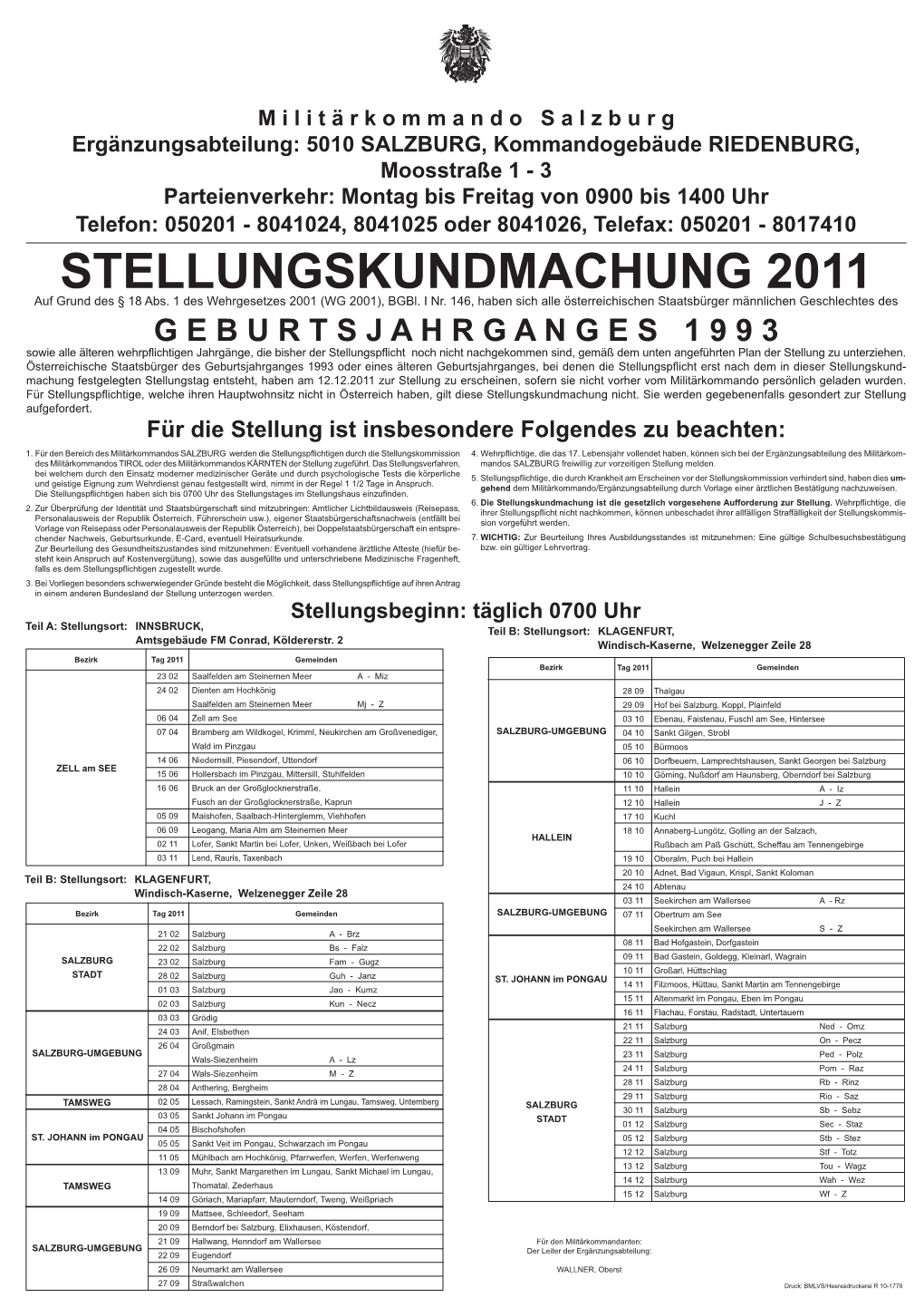 STELLUNGSKUNDMACHUNG 2011 Auf Grund Des § 18 Abs