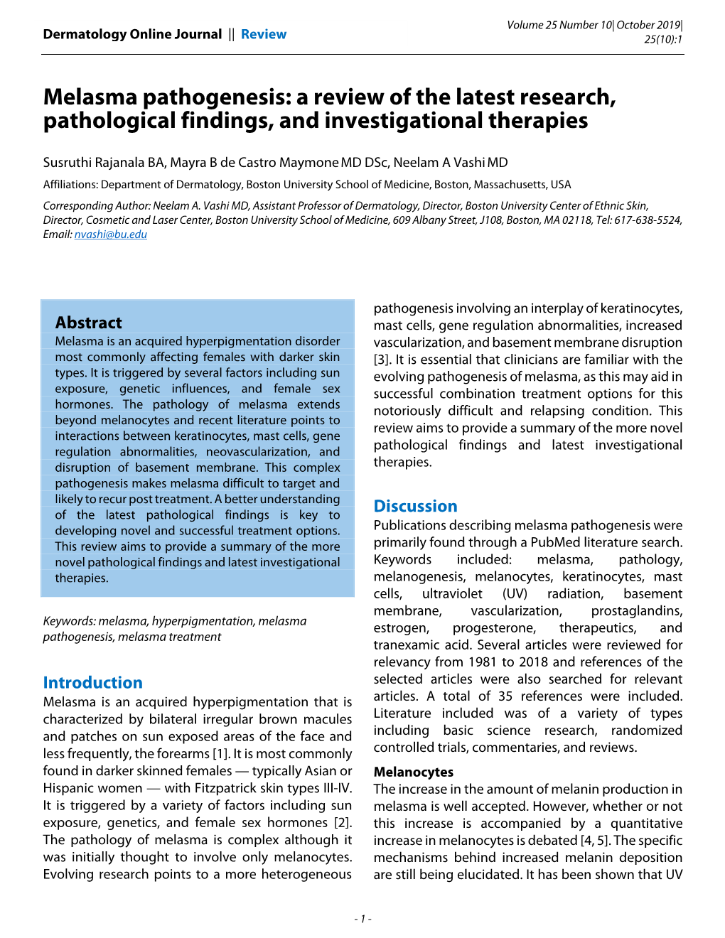 Melasma Pathogenesis: a Review of the Latest Research, Pathological Findings, and Investigational Therapies