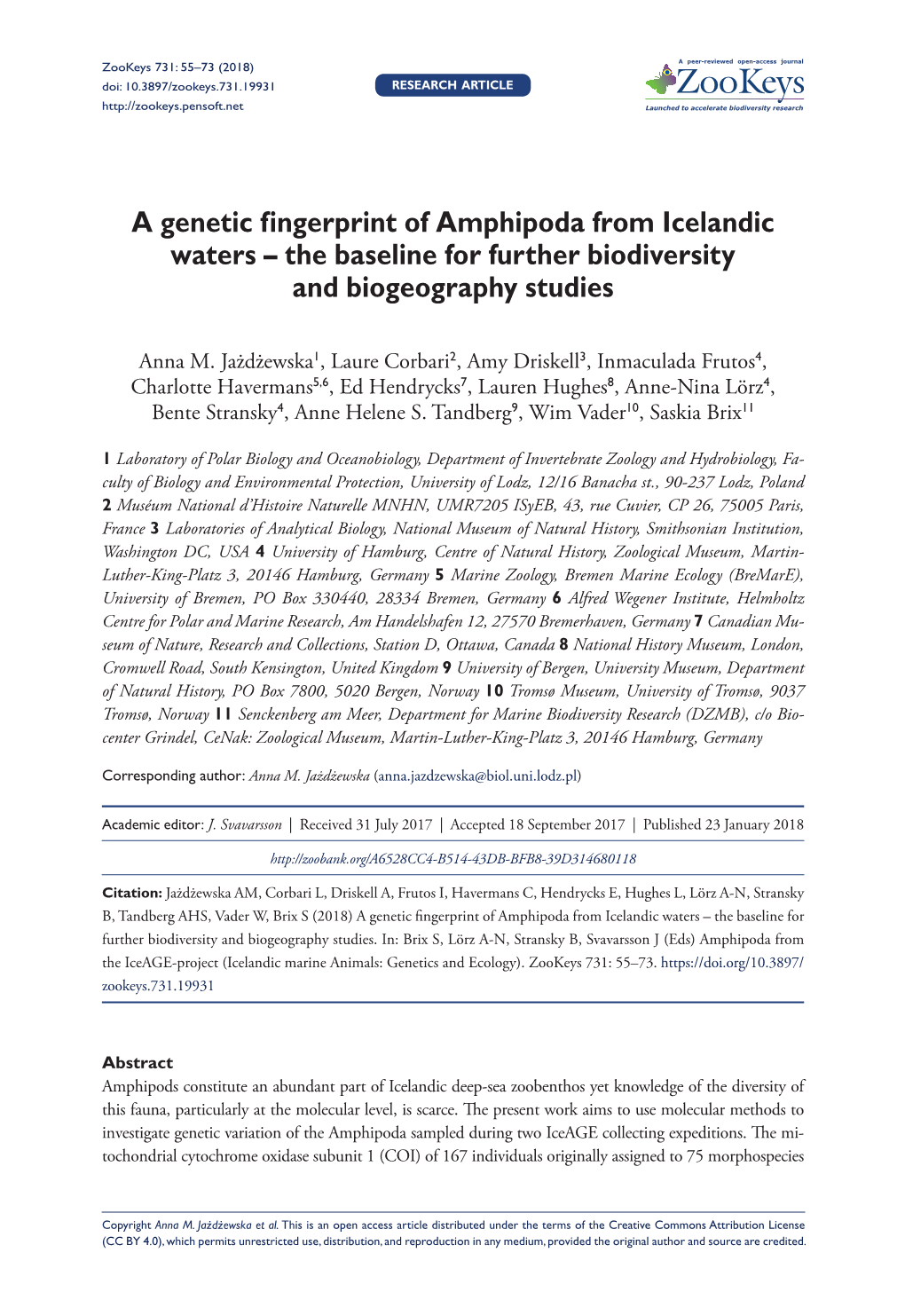 ﻿A Genetic Fingerprint of Amphipoda from Icelandic Waters – the Baseline