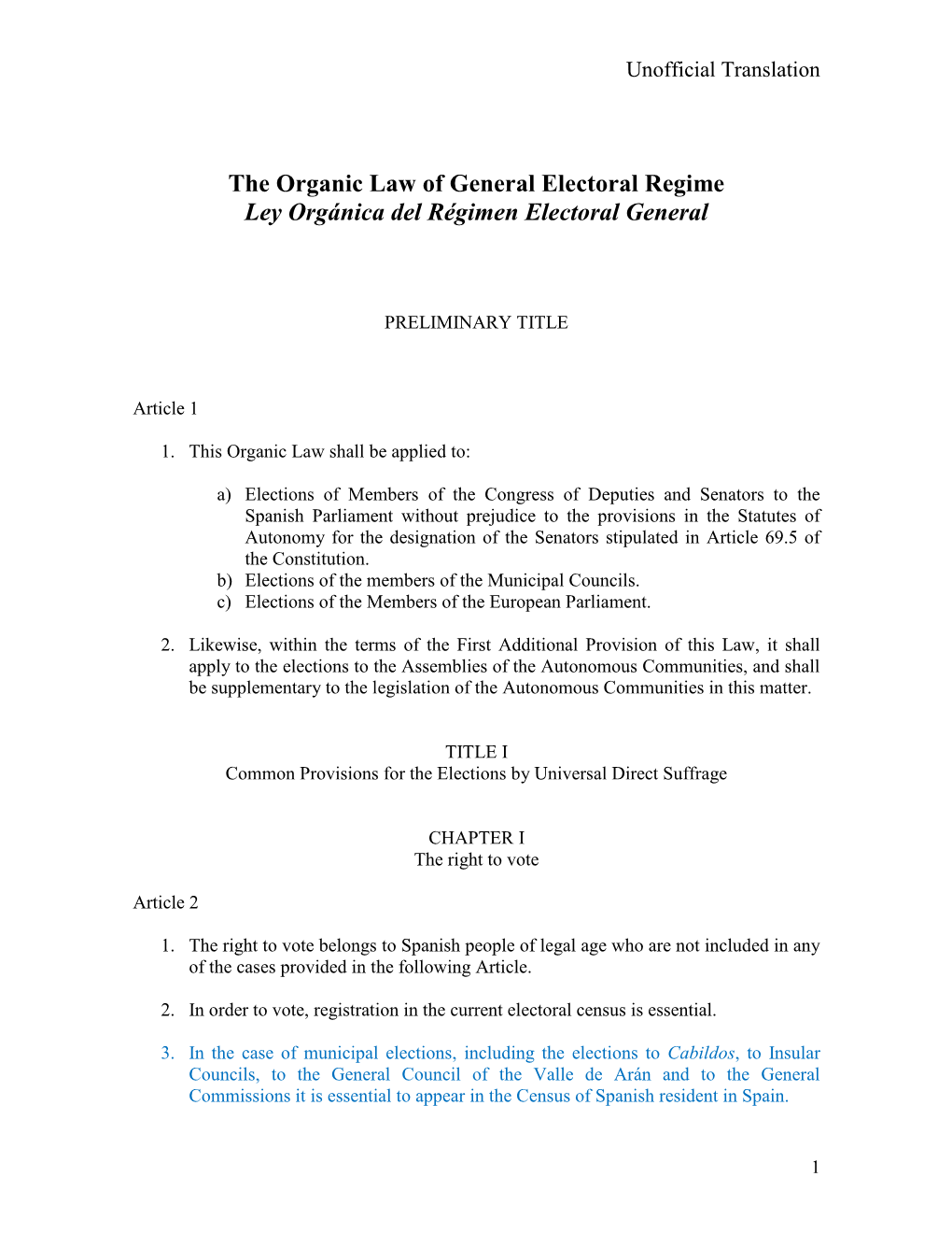 The Organic Law of General Electoral Regime Ley Orgánica Del Régimen Electoral General