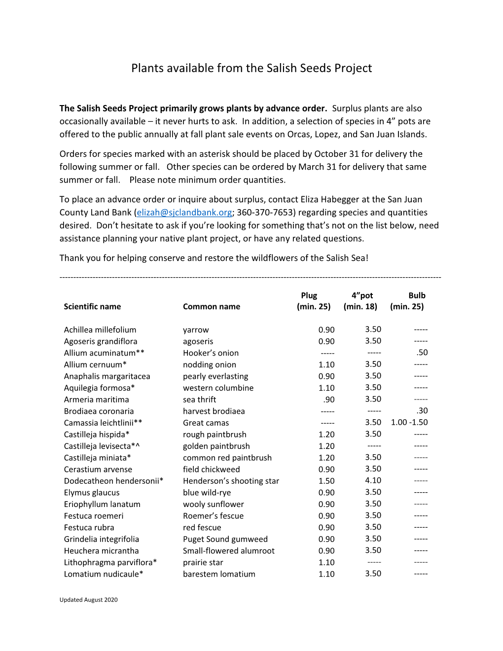 Plants Available from the Salish Seeds Project