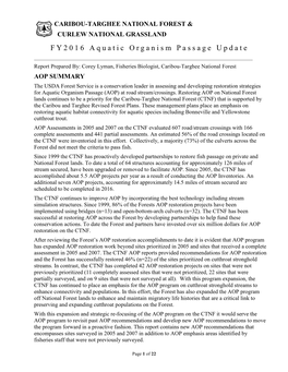 CARIBOU-TARGHEE NATIONAL FOREST & CURLEW NATIONAL GRASSLAND FY2016 Aquatic Organism Passage Update