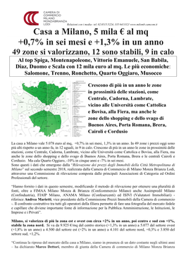 Casa a Milano, 5 Mila € Al Mq +0,7% in Sei Mesi E +1,3% in Un Anno