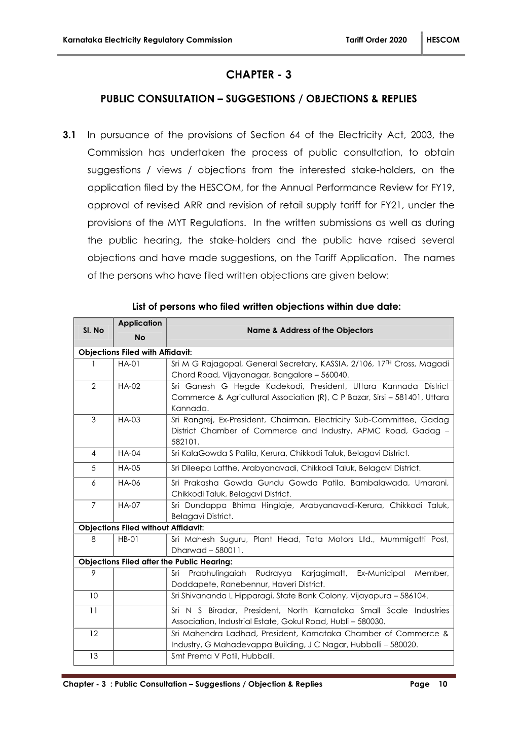 Karnataka Electricity Regulatory Commission Tariff Order 2020 HESCOM