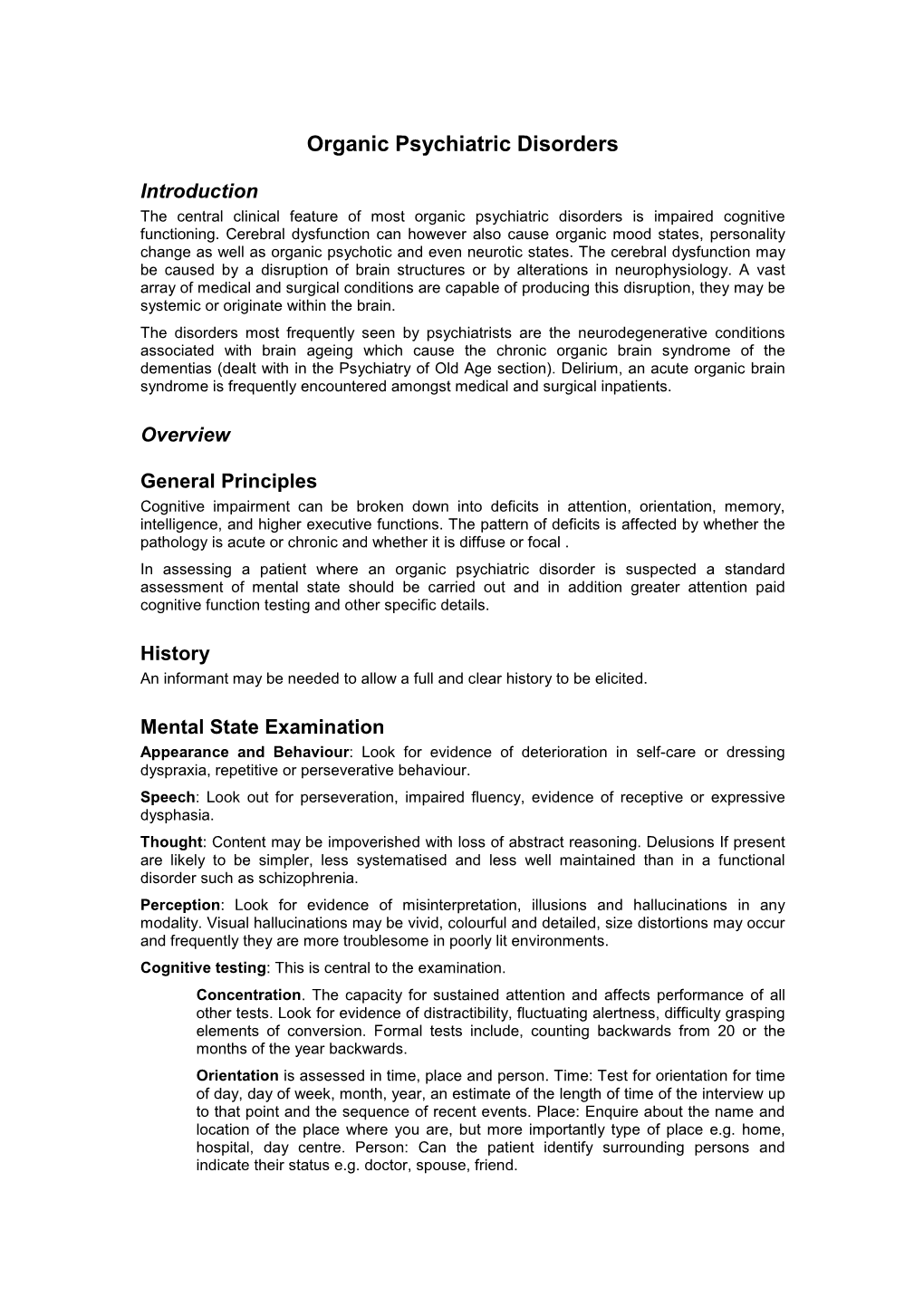 Organic Psychiatric Disorders Handout