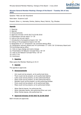 Minutes General Member Meeting: Change of the Board – 3 July 2018