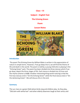 Class – VI Subject – English Text the Echoing Green Poem Lesson Notes