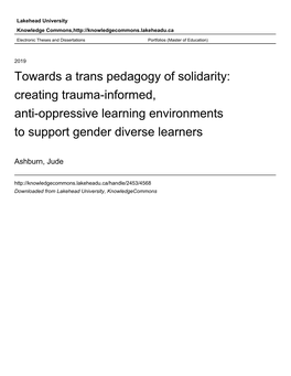 Towards a Trans Pedagogy of Solidarity: Creating Trauma-Informed, Anti-Oppressive Learning Environments to Support Gender Diverse Learners