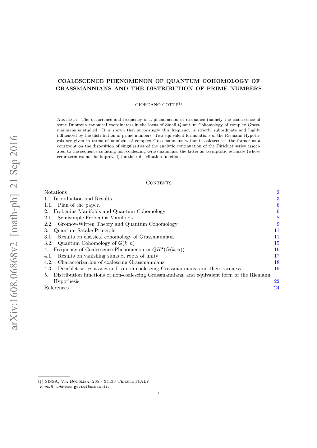 Coalescence Phenomenon of Quantum Cohomology of Grassmannians and the Distribution of Prime Numbers