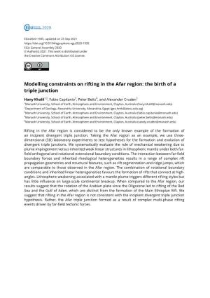 Modelling Constraints on Rifting in the Afar Region: the Birth of a Triple Junction