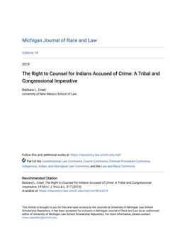 The Right to Counsel for Indians Accused of Crime: a Tribal and Congressional Imperative