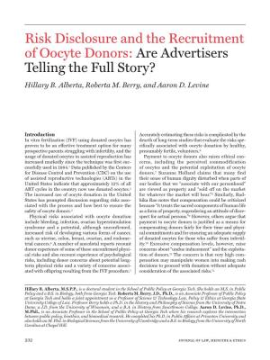Risk Disclosure and the Recruitment of Oocyte Donors: Are Advertisers Telling the Full Story? Hillary B