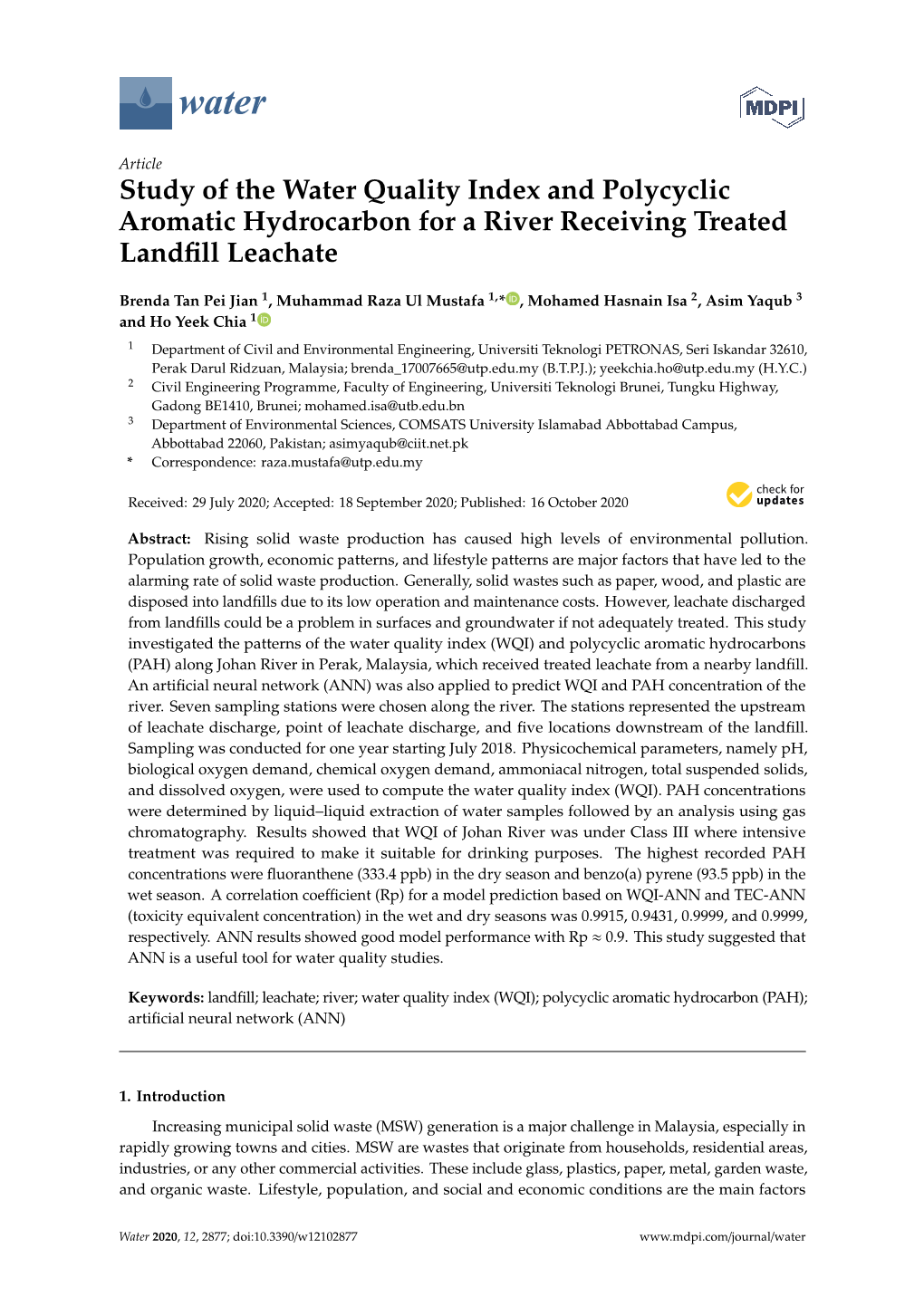 Study of the Water Quality Index and Polycyclic Aromatic Hydrocarbon for a River Receiving Treated Landﬁll Leachate