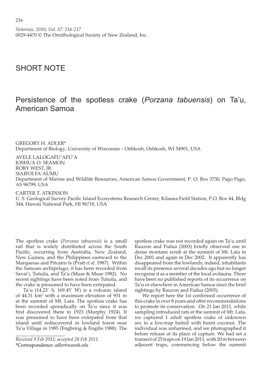 Persistence of the Spotless Crake (Porzana Tabuensis) on Ta’U, American Samoa
