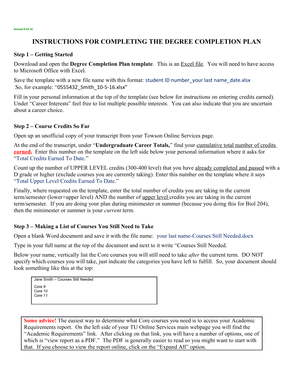 Instructions for Completing the Degree Completion Plan