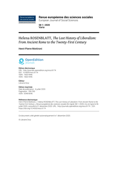 Revue Européenne Des Sciences Sociales, 58-1 | 2020 Helena ROSENBLATT, the Lost History of Liberalism: from Ancient Rome to the T