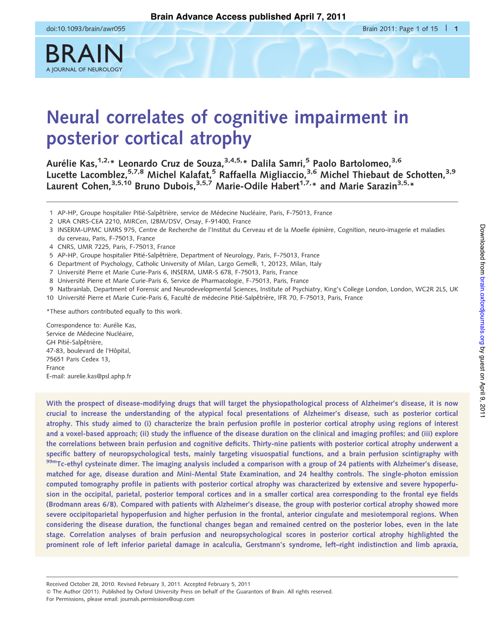 Neural Correlates of Cognitive Impairment in Posterior Cortical Atrophy