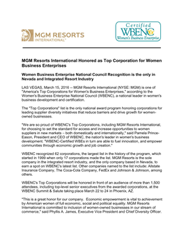 MGM Resorts International Honored As Top Corporation for Women Business Enterprises