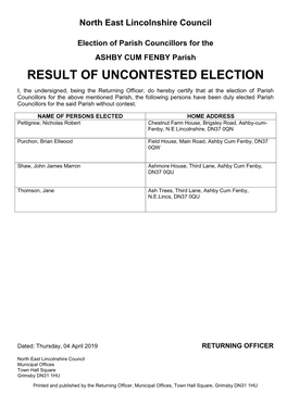 Parish Council Uncontested Election Result 4 April 2019