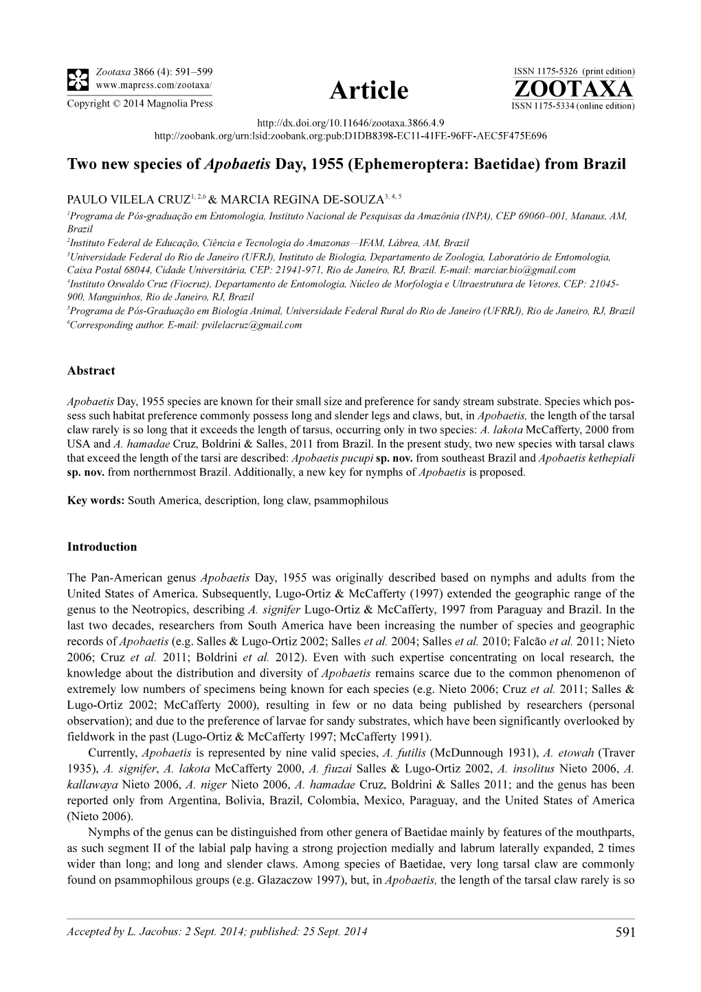 Two New Species of Apobaetis Day, 1955 (Ephemeroptera: Baetidae) from Brazil