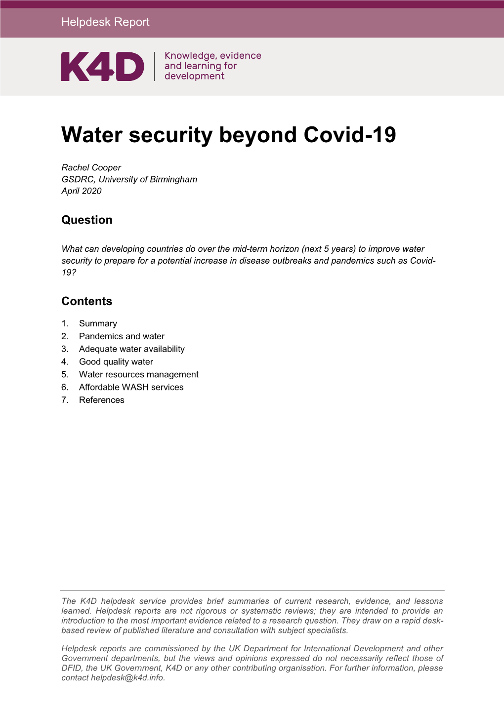 Water Security Beyond Covid-19