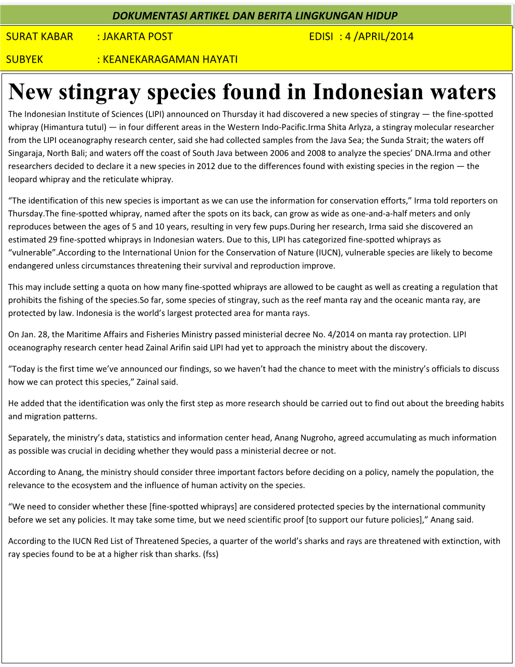 New Stingray Species Found in Indonesian Waters