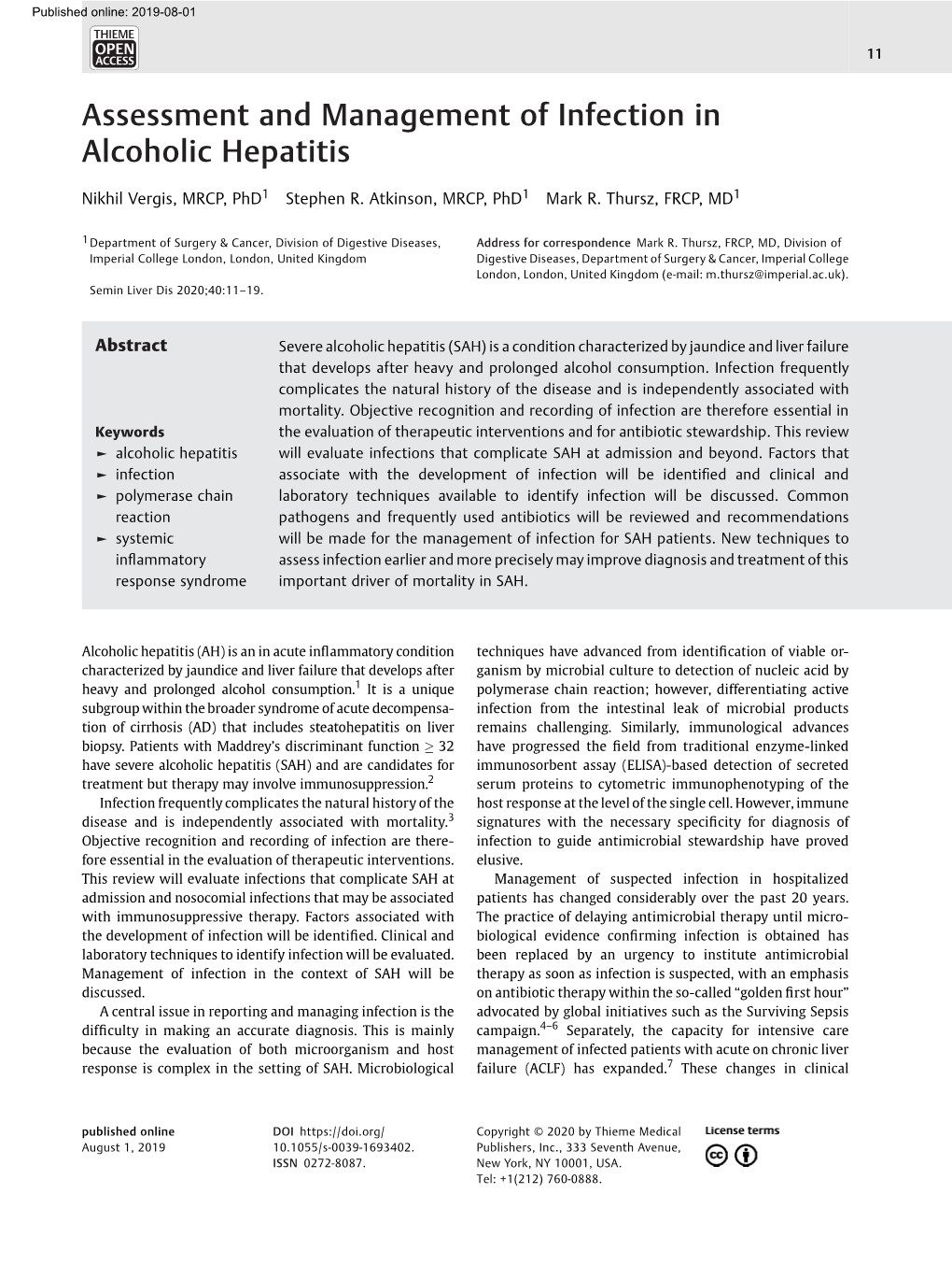 Assessment and Management of Infection in Alcoholic Hepatitis