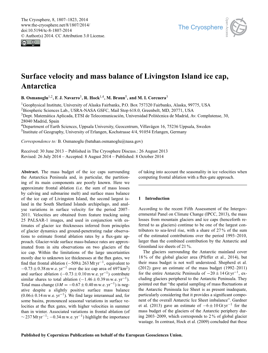 Surface Velocity and Mass Balance of Livingston Island Ice Cap, Antarctica