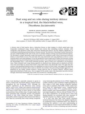 Duet Song and Sex Roles During Territory Defence in a Tropical Bird, the Black-Bellied Wren, Thryothorus Fasciatoventris
