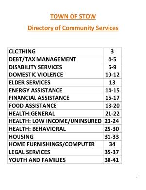 TOWN of STOW Directory of Community Services