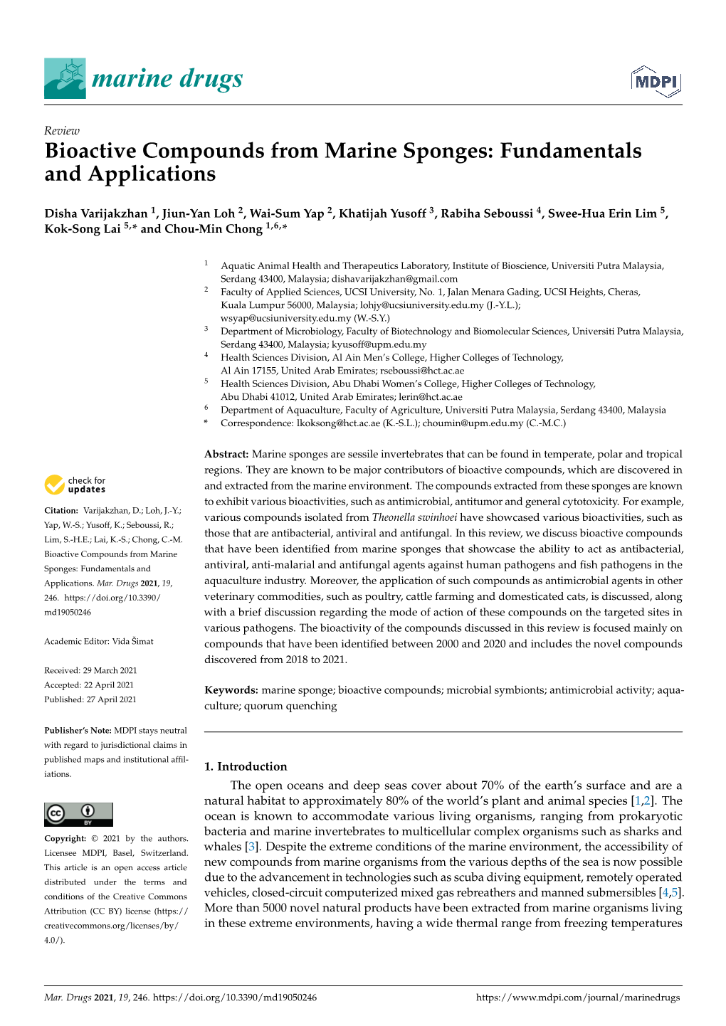 Bioactive Compounds from Marine Sponges: Fundamentals and Applications