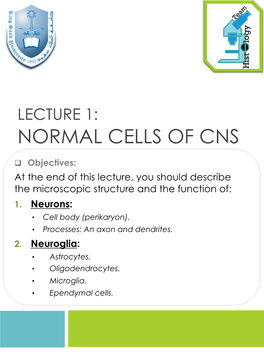 LECTURE 1: NORMAL CELLS of CNS Q Objectives: at the End of This Lecture, You Should Describe the Microscopic Structure and the Function Of: 1