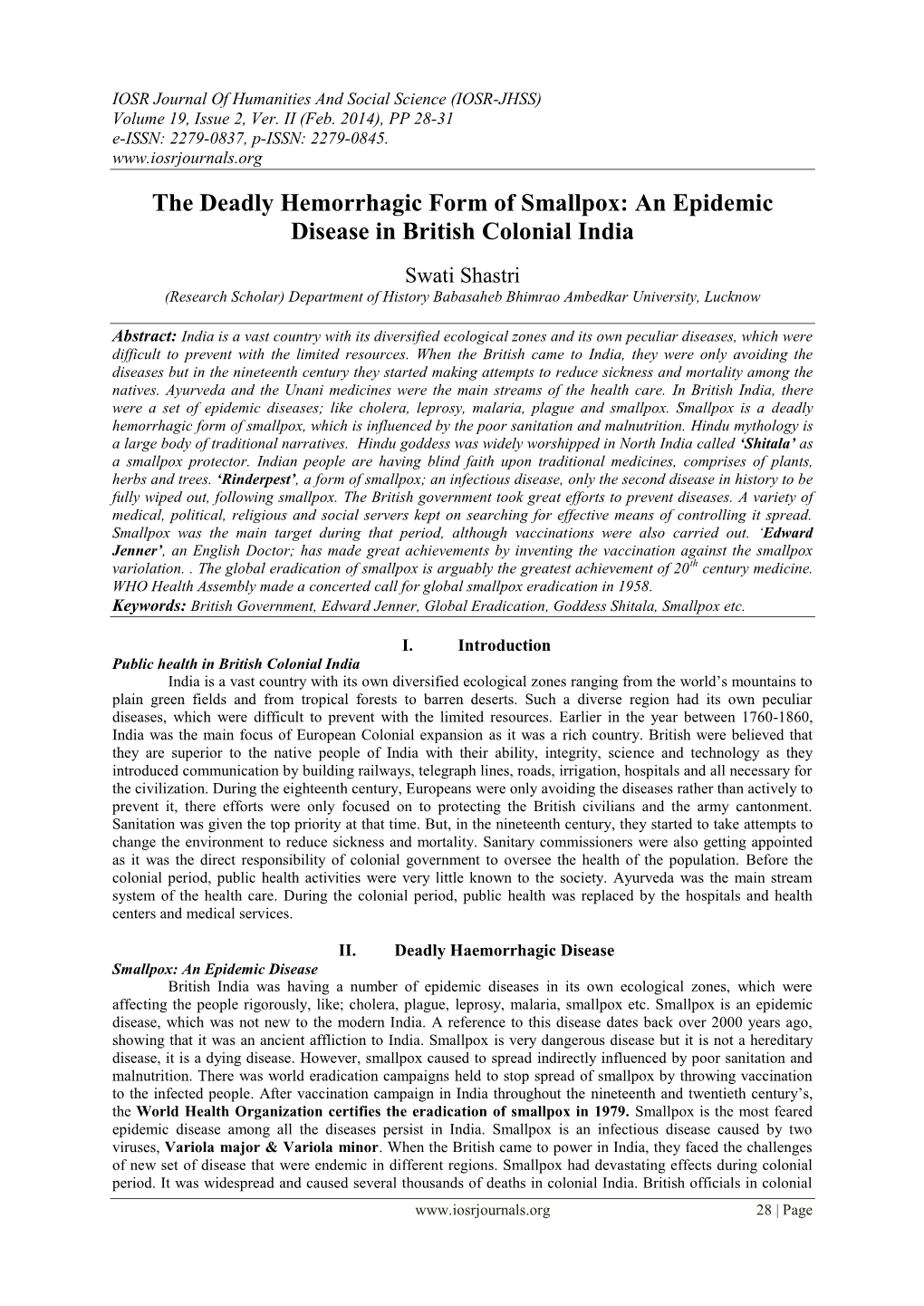 An Epidemic Disease in British Colonial India