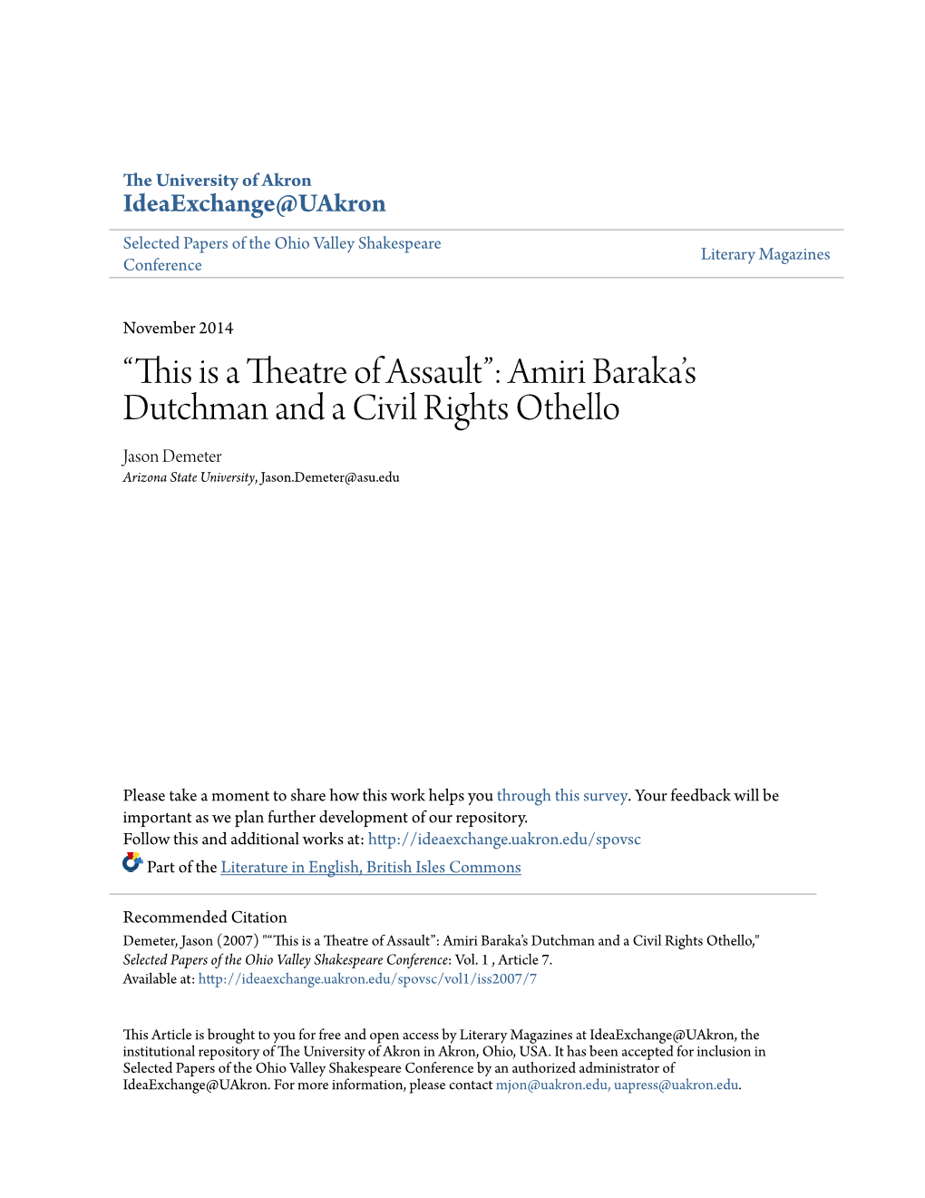 “This Is a Theatre of Assault”: Amiri Baraka's Dutchman and a Civil